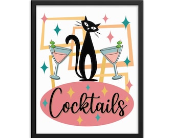Retro Atomic Black Cat Cocktail Art Print, Black Cat Atomic Art Print, Retro Home Bar Art Print, Retro Cocktail Bar Decor, Retro Home Decor