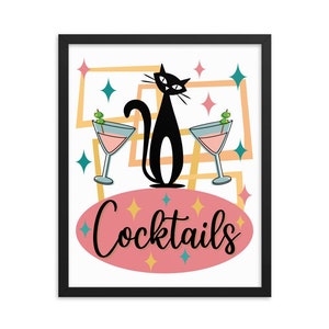 Retro Atomic Schwarze Katze Cocktail Kunstdruck, Schwarze Katze Atomic Kunstdruck, Retro Hausbar Kunstdruck, Retro Cocktailbar Dekor, Retro Wohndekor