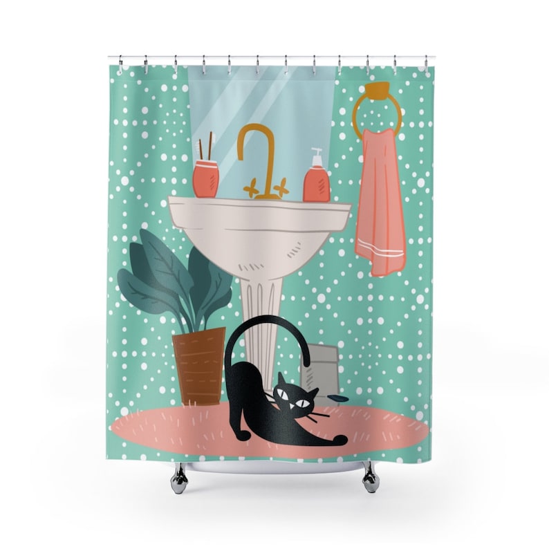 Retro Atomic Black Cat Shower Curtain MCM Shower Curtain Mid Etsy