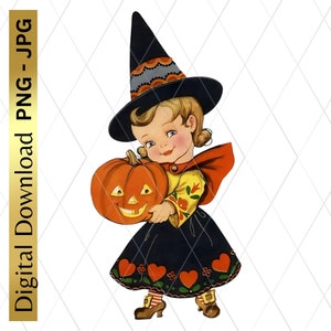 Descarga digital imprimible Halloween Chica Bruja Retro PNG Clipart Scrapbooking Junk Journal Artes y Oficios Decoupage Sublimación Calabaza