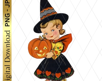 Digital Download Printable Halloween Girl Witch Retro PNG Clipart Scrapbooking Junk Journal Arts And Crafts Decoupage Sublimation Pumpkin