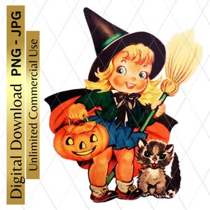 Digital Download Printable Halloween Girl Witch Retro PNG Clipart Scrapbooking Junk Journal Arts And Crafts Decoupage Black Cat Pumpkin