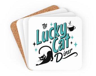 Lucky Cat Diner Coasters, Retro Atomic Black Cat Corkwood Coaster Set, Retro Drink Coasters, Black Cat Coasters, MCM Coaster Set, 50's Diner