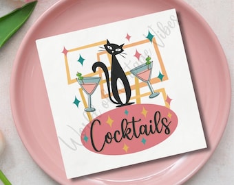 Retro Atomic Black Cat Cocktails Uncoined Napkins Retro Home Bar 3 Ply Beverage & Dinner Napkins Mid Century Modern Dinner Party Decor 50 pk
