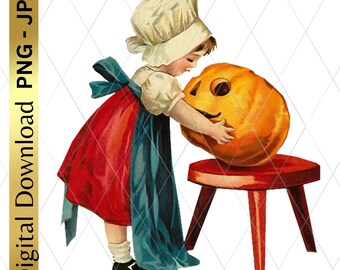 Digital Download Printable Halloween Retro PNG Clipart Girl With Pumpkin Scrapbooking Junk Journal Arts And Crafts Decoupage Sublimation
