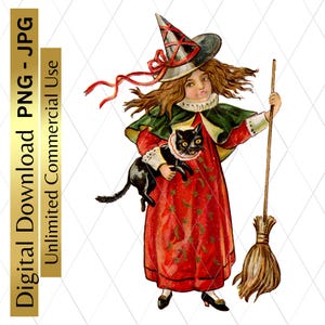 Digital Download Halloween Printable Girl Witch With Broom Black Cat Retro PNG Clipart Commercial Use Scrapbooking Junk Journal Decoupage