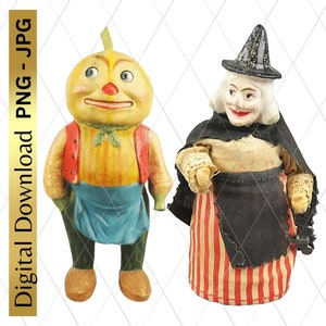 Digital Download Printable Antique Halloween Dolls Retro PNG Clipart Pumpkin Doll Witch Doll Scrapbooking Junk Journal Arts Crafts Decoupage