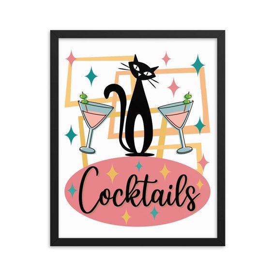 Retro Atomic Black Cat Cocktail Art Print, Black Cat Atomic Art Print, Retro Home Bar Art Print, Retro Cocktail Bar Decor, Retro Home Decor