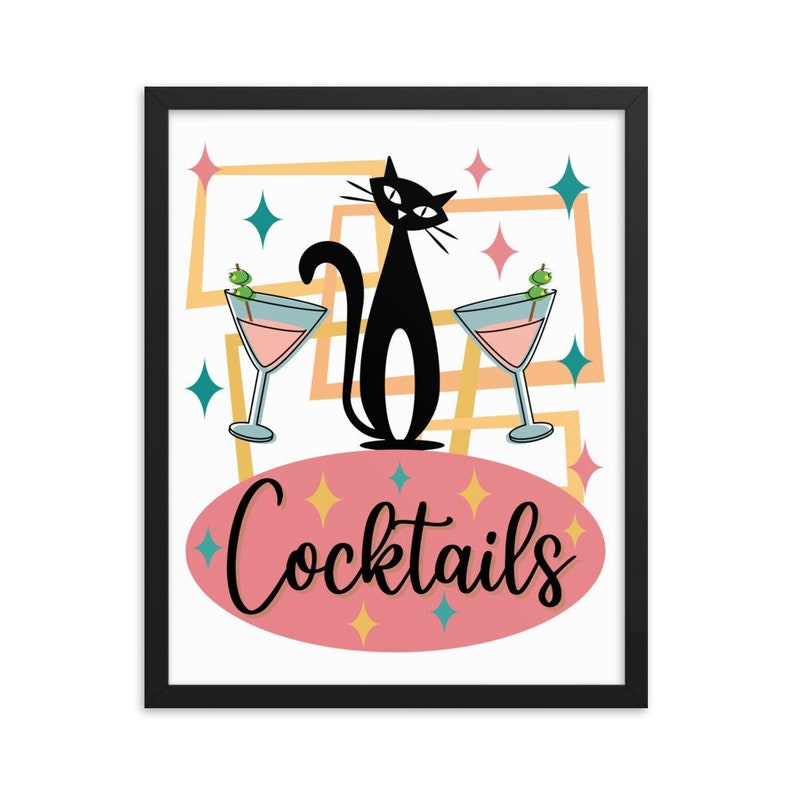 May include: A framed print with a retro design featuring a black cat with two martini glasses and the text "Cocktails". The background is a colorful geometric pattern with pink, yellow, blue, and green.