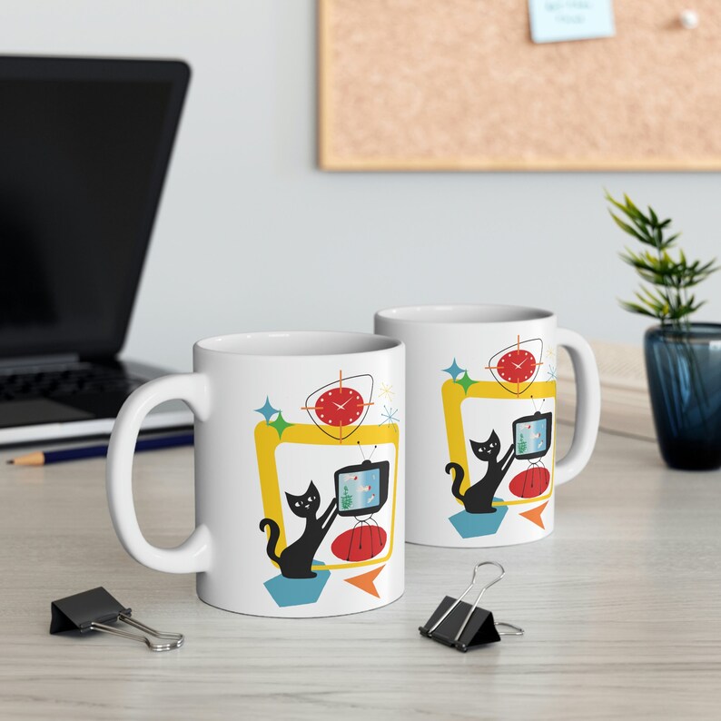 Retro Atomic Black Cat Coffee Cup, MCM Cup, Atomic Coffee Cup, Cat Lover Coffee Cup, Gift For Cat Lover, Mid Century Modern Cat Coffee Cup image 3