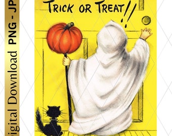 May include: A digital illustration featuring a figure in a white ghost costume standing before a yellow door, reaching for a doorknob. The figure holds a large orange pumpkin on a stick, while a small black cat sits nearby. The text reads Trick or Treat.