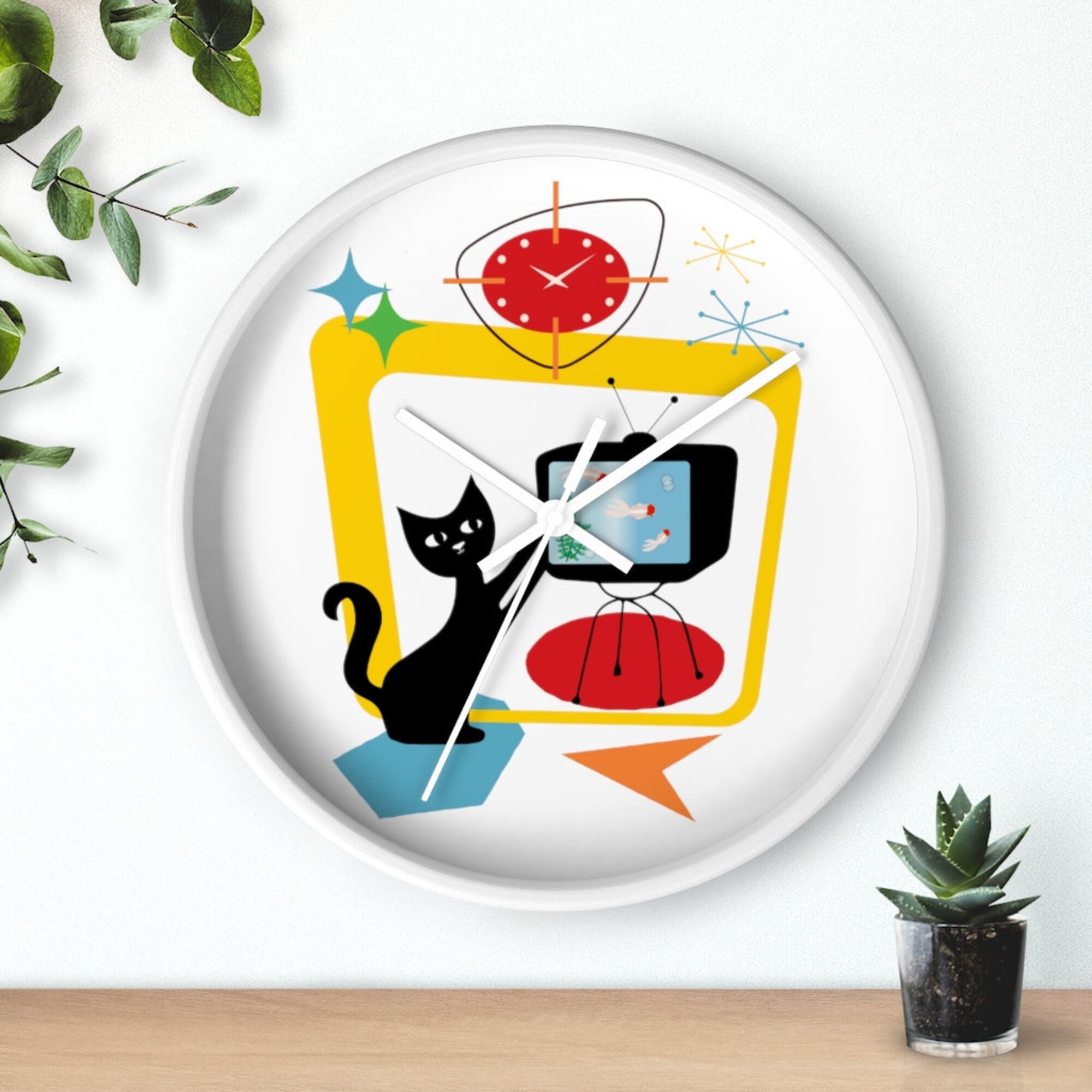 Retro Atomic Black Cat Wall Clock