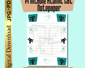 Digital Download Printable Atomic Cat Notepaper Retro Black Cat Stationery Mid Century Modern Writing Paper MCM Lined Paper Printable List