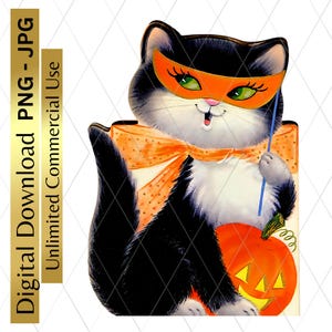 Digital Download Halloween Printable Black Cat Retro PNG Clipart Commercial Use Scrapbooking Junk Journal Decoupage Cute Cat w Mask Pumpkin