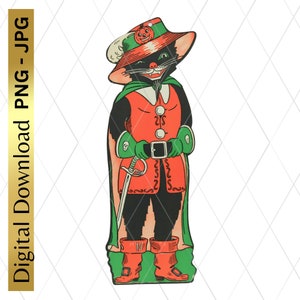 Digital Download Printable Vintage Halloween Black Cat Retro PNG Clip Art Scrapbooking Junk Journal Arts And Crafts Decoupage Pirate Cat