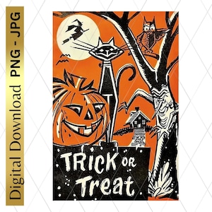 Digital Download Printable Vintage Halloween Retro PNG Clip Art Trick Or Treat Scrapbooking Junk Journal Arts Crafts Decoupage Black Cat Owl
