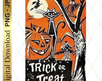 Descarga digital imprimible vintage Halloween retro PNG clip art truco o trato scrapbooking revista basura artes manualidades decoupage gato negro búho