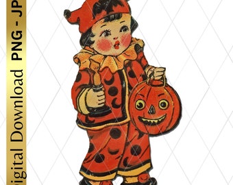 Digital Download Printable Halloween Girl In Costume Retro PNG Clip Art Scrapbooking Junk Journal Arts And Crafts Decoupage Pumpkin Candle