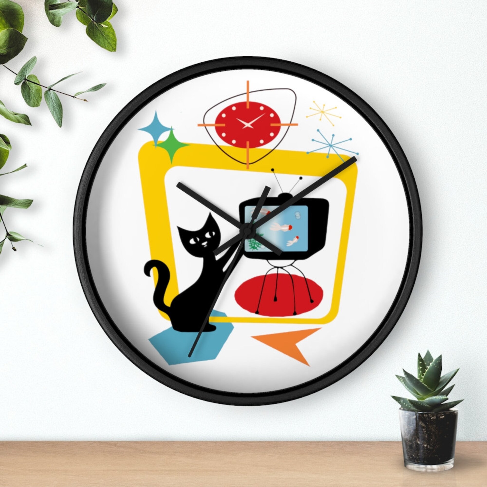 Retro Atomic Black Cat Wall Clock