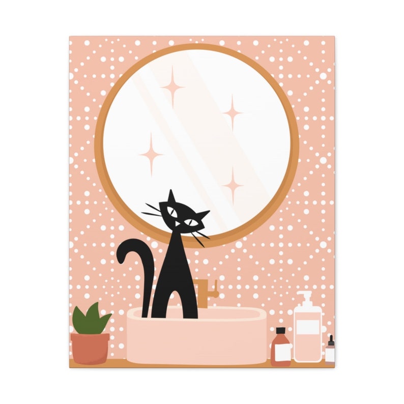 Retro Atomic Black Cat Bathroom Canvas Wall Art Retro Etsy