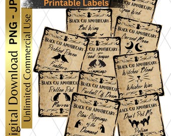 Digital Download Halloween Black Cat Apothecary Labels Printable Retro PNG JPG Commercial Use Scrapbooking Junk Journal Decoupage Crafts