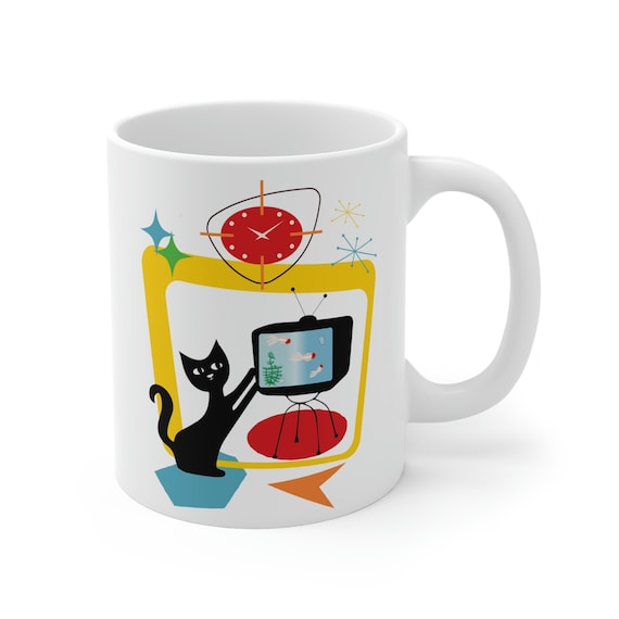 Retro Atomic Black Cat Coffee Cup, MCM Cup, Atomic Coffee Cup, Cat Lover Coffee Cup, Gift For Cat Lover, Mid Century Modern Cat Coffee Cup