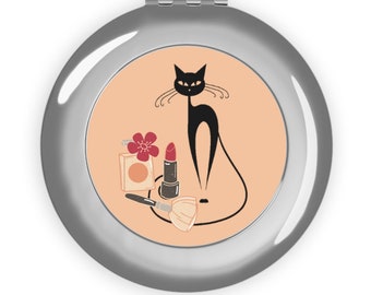 Atomic Cat Compact Mirror, Mid Century Modern Purse Mirror, MCM Pocket Mirror, Retro Cat Mirror, Gift For Her, Birthday Gift For Her