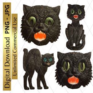 Digital Download Halloween Printable Black Cat Retro PNG Clipart Commercial Use Scrapbooking Junk Journal Decoupage Scary Cat Face Horror