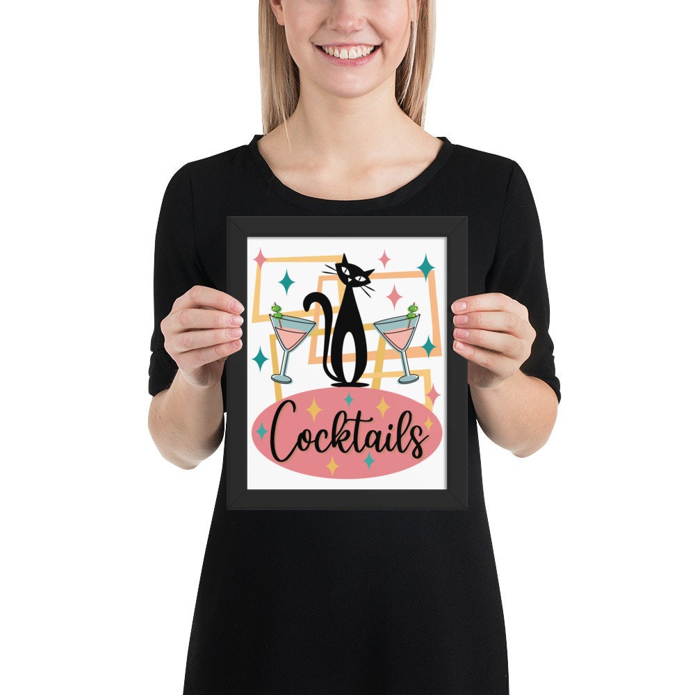 Retro Atomic Black Cat Cocktail Art Print, Black Cat Atomic Art Print ...