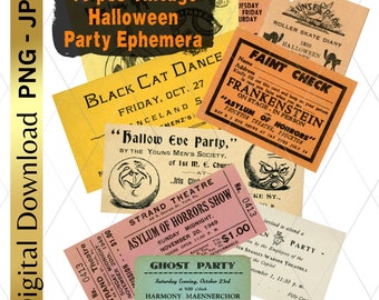 May include: A collection of 10 vintage-style Halloween party ephemera items, including printed tickets and cards with text such as Black Cat Dance, Faint Check, Frankenstein, Asylum of Horrors, Hallow Eve Party, and Ghost Party in various colors.