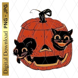 Digital Download Printable Halloween Black Cat Pumpkin PNG Clipart Scrapbooking Junk Journal Decoupage Sublimation Clip Art Retro Cat Crafts
