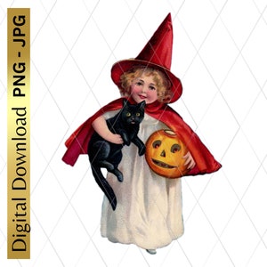 Digitaler Download Printable Halloween Mädchen Hexe Retro PNG Clipart Scrapbooking Junk Journal Arts And Crafts Decoupage schwarze Katze Kürbis
