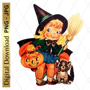 Téléchargement numérique imprimable Halloween Girl Witch Retro PNG Clipart Scrapbooking Junk Journal Arts and Crafts Decoupage Black Cat Pumpkin