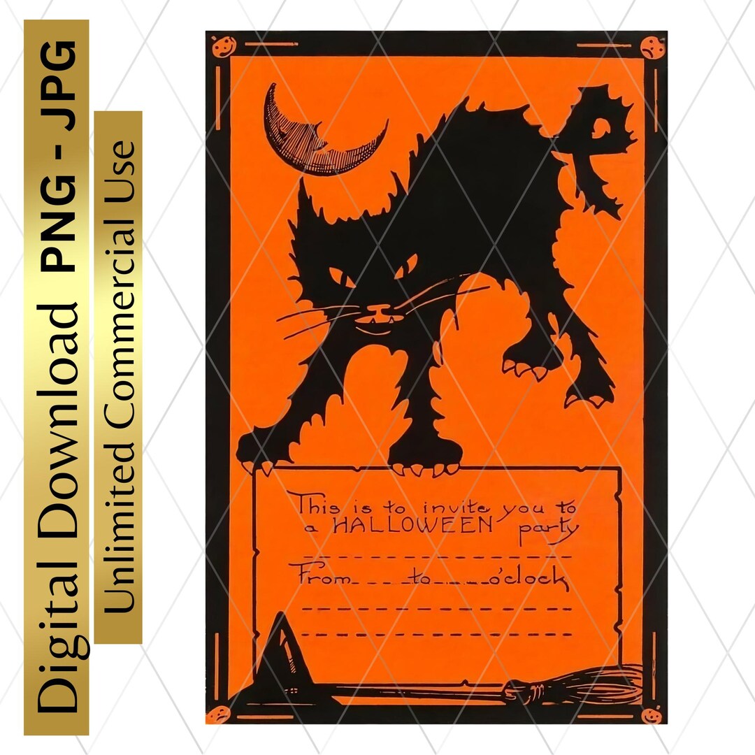 Digital Download Vintage Halloween Party Invitation Printable Black Cat ...