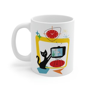 Retro Atomic Black Cat Coffee Cup, MCM Cup, Atomic Coffee Cup, Cat Lover Coffee Cup, Gift For Cat Lover, Mid Century Modern Cat Coffee Cup image 2
