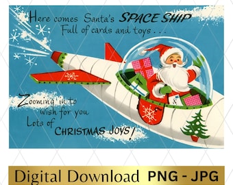 Digital Download Printable Christmas Santa Claus PNG Clip Art Retro Space Ship Clipart Scrapbooking Junk Journal Arts And Crafts Decoupage