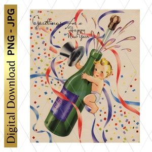 Descarga digital imprimible Nochevieja Clip Art Bebé Año Nuevo Clipart Champagne Imagen Scrapbooking Junk Journal Artes y Oficios Decoupage