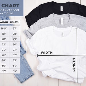 May include: Size chart for Bella + Canvas 3001 unisex t-shirts. The chart shows the width and length measurements in inches for sizes XS to 5XL.
