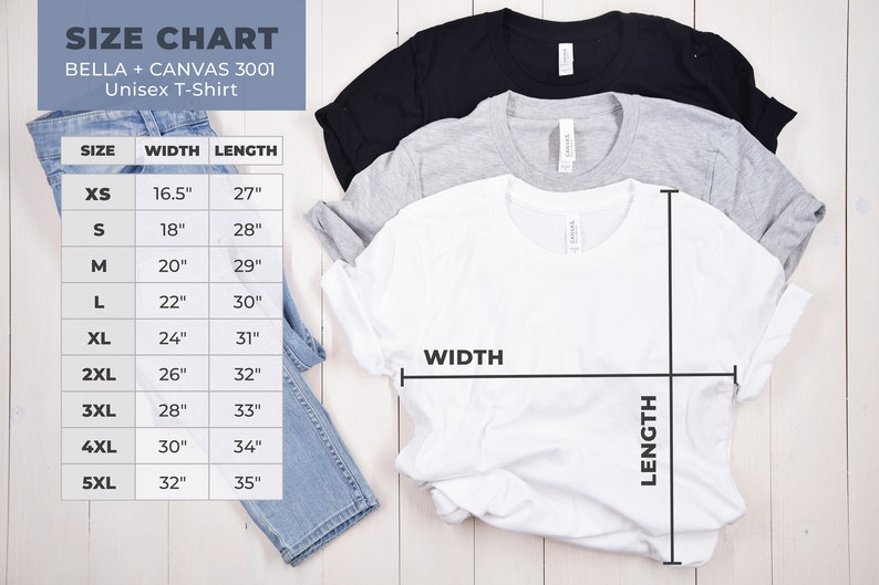 May include: Size chart for Bella + Canvas 3001 unisex t-shirts. The chart shows the width and length measurements in inches for sizes XS to 5XL.