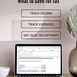 May include: A laptop displaying a tax tracker spreadsheet, with text reading "UK Sole Trader Tax Tracker." The screen shows income, expenses, and profit figures. Additional text includes "Track Income," "Track Expenses," and "See Your Tax Estimate."
