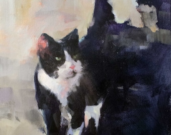 Painting of a Black and White Cat