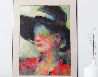 Original Portrait of Woman with a Black Hat//Abstract Figure Painting//Brightly Colored Portrait//Impressionist Portrait Wall Art