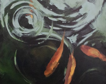 Abstract Painting of Gold Fish in a Dark Pond with Light Reflections
