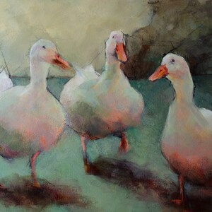 Abstract Impressionist Painting of Three White Ducks