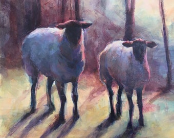Impressionist Painting of Two Sheep at Sunset