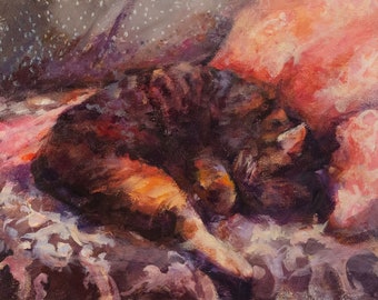 Impressionist Painting of a Sleeping Calico Cat
