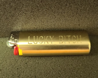 Vintage 40+ yr old "Lucky Bitch" Vintage Brass Lighter Case w/NEW BIC Lighter