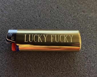 40 yr old "LUCKY FUCKY" Vintage Brass Lighter Case w/New BIC Lighter