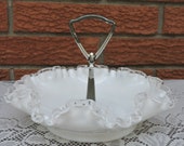 Vintage Fenton SilverCrest Milk Glass Round Ruffled Double Crimped Bowl with Handle Signed