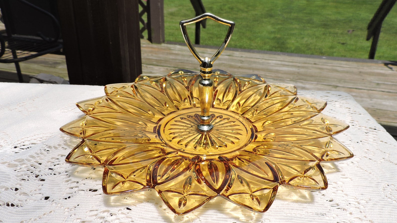 Vintage Amber Glass PETAL Serving Plate With Handle Cookie Etsy